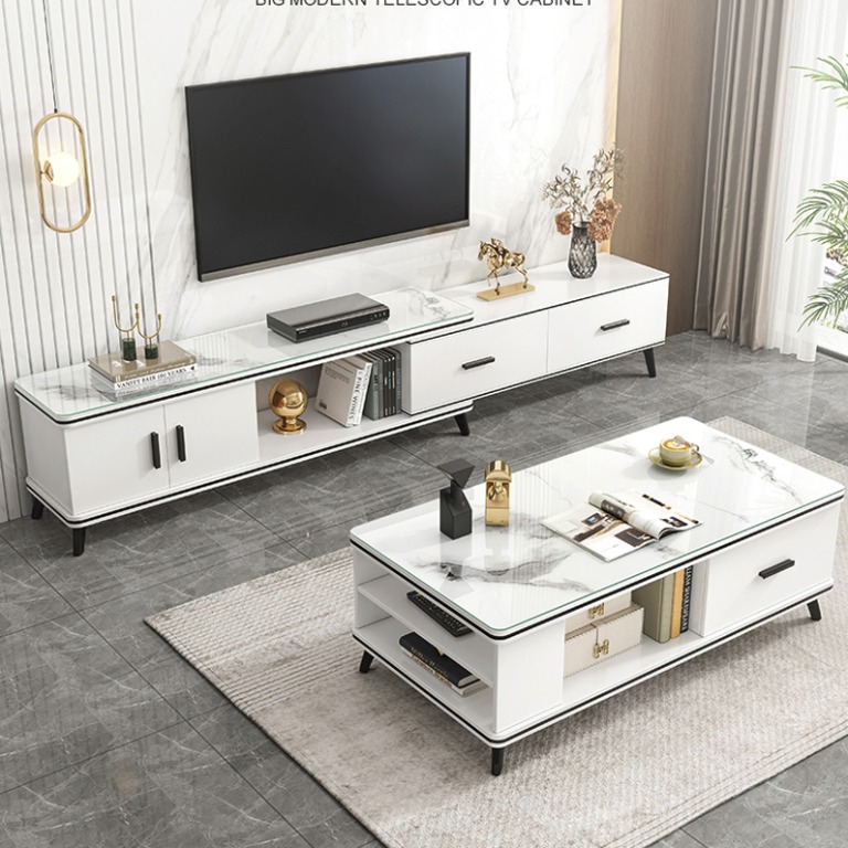 NEW SET TV Console Coffee Table White TV Cabinet Furniture