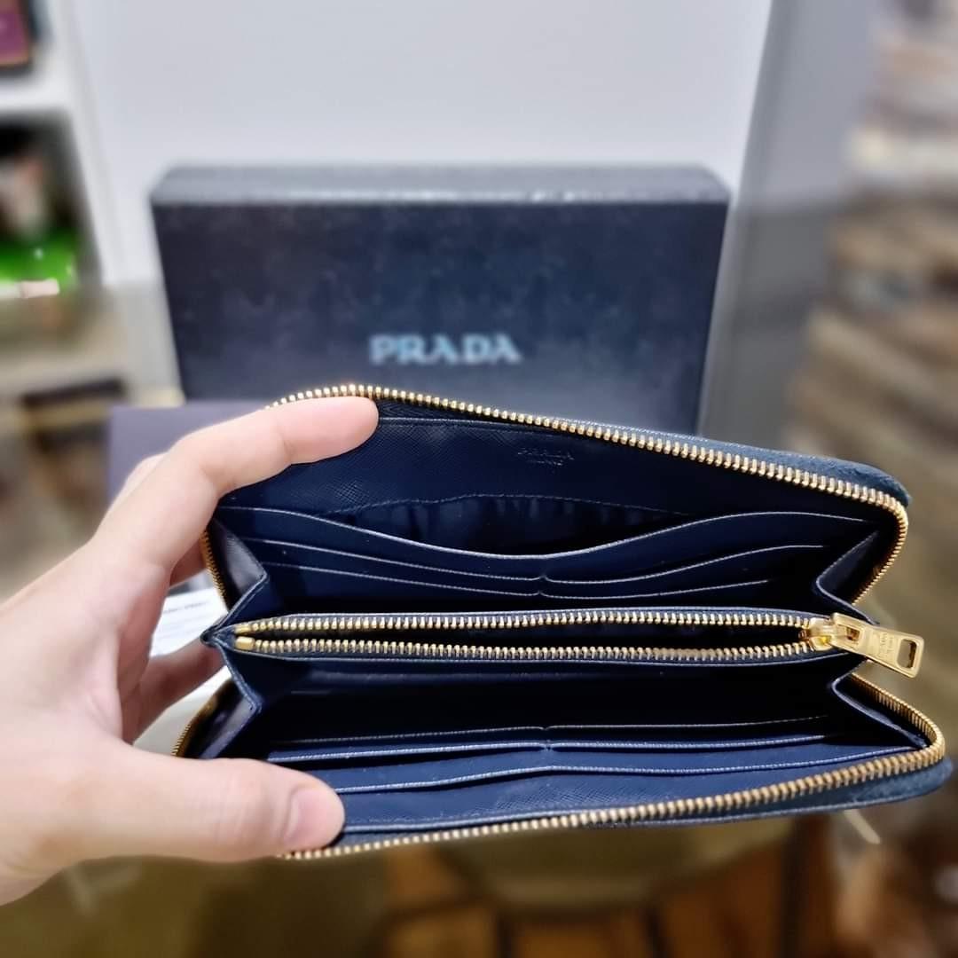 Prada Saffiano Leather Zip Around Mini Wallet in Black