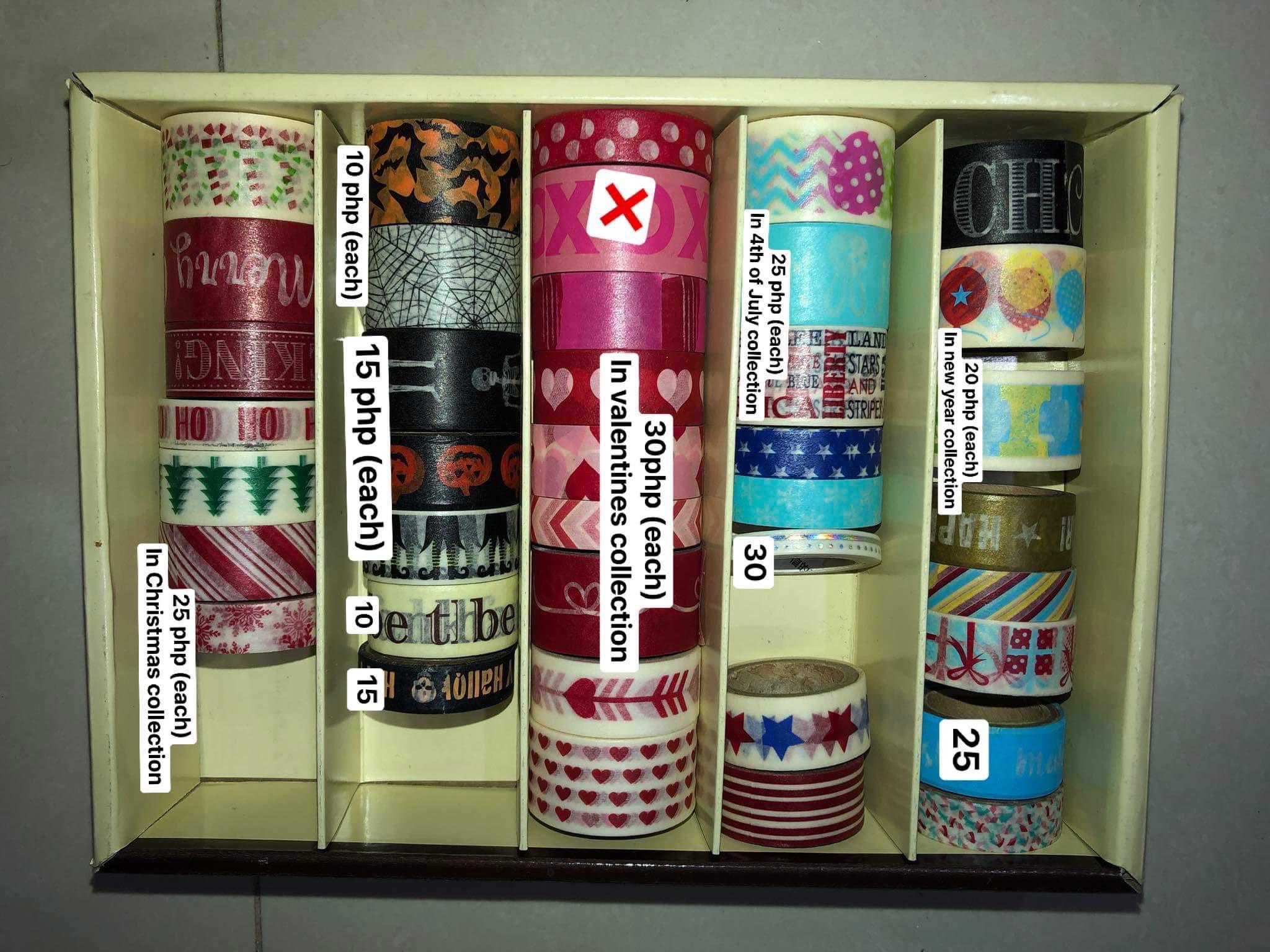 Washi tapes (Category: Craft Supplies & Tools) located in San Juan City. Submitted by atlasarmstrong (Listing ID 1111901297, Image 3). Description: Washi tapes - 10-30php each washi tapes - prices of each washi tapes are in the picture - chat me here if interested .