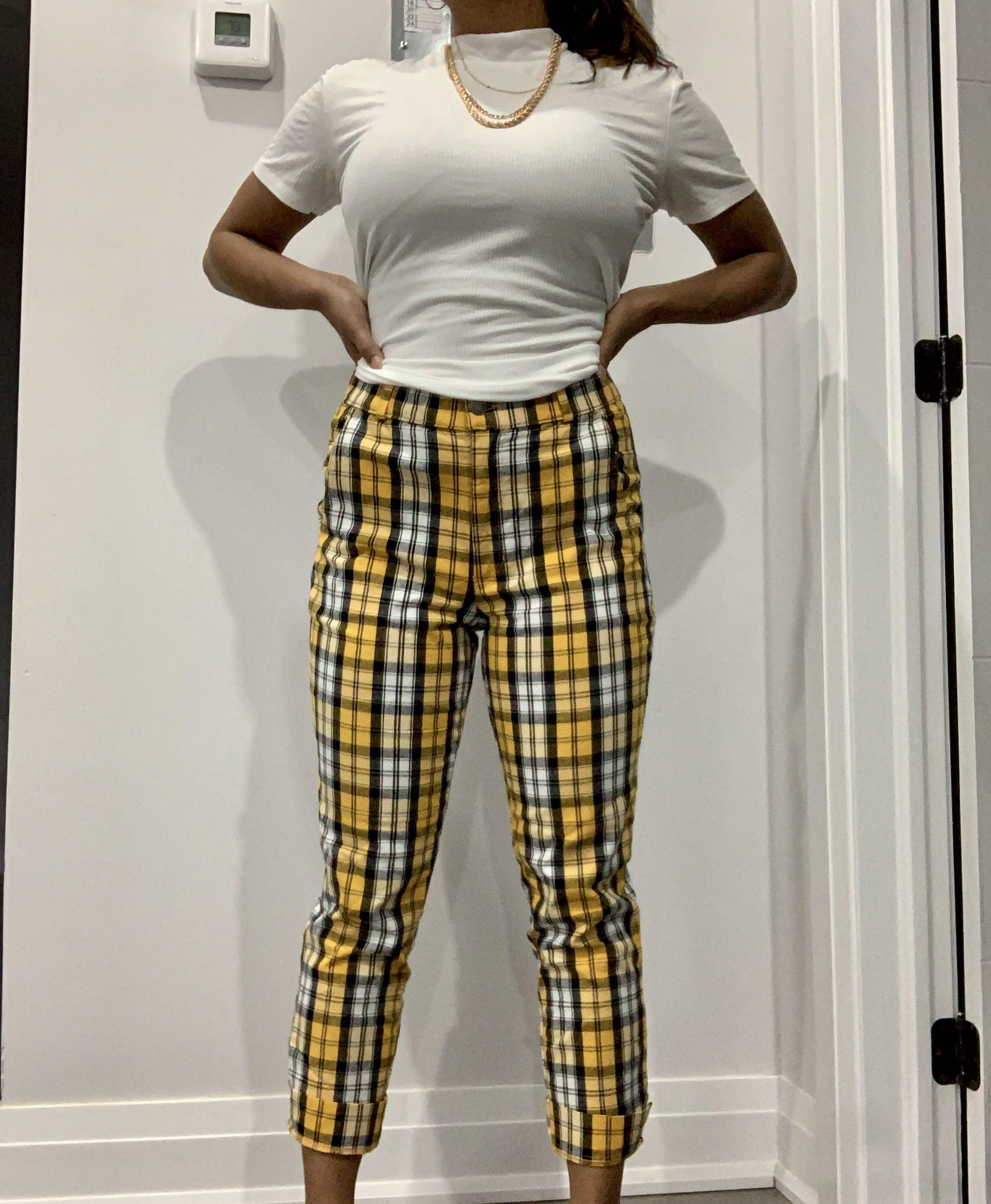 Plaid pants womens yellow sale
