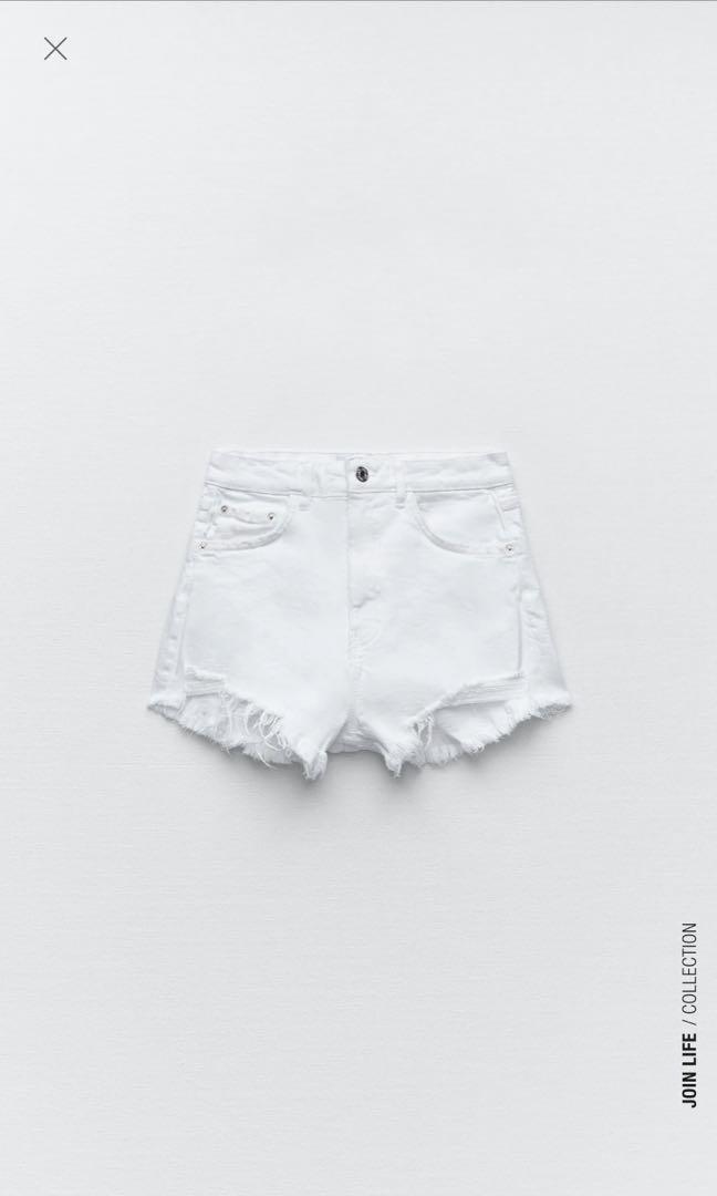 ZARA White Denim Ripped Shorts, Women's 