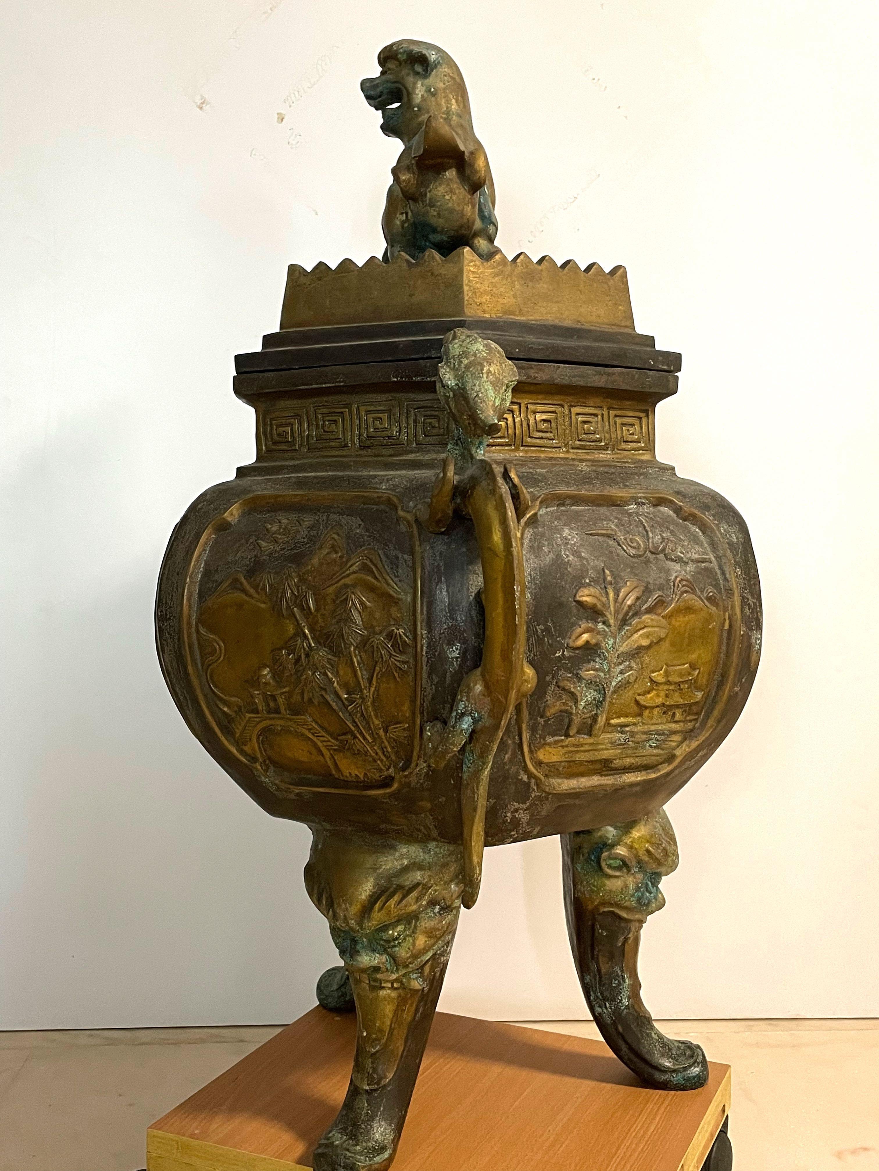 32 inches Height Chinese Bronze Tripod Censer lidded carving Fu 