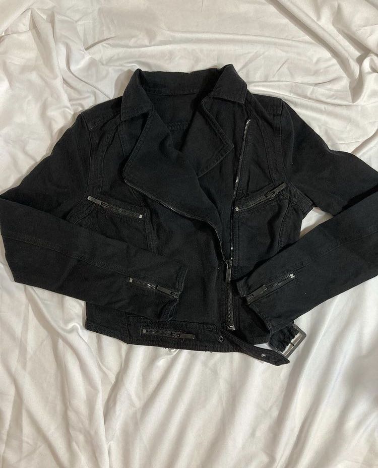 Black Denim Biker Jacket, Fesyen Wanita 