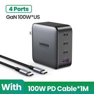 [FREE  UGREEN 100w Type C Cable] UGREEN 100W GaN US Plug Charger 4 Ports for Cellphones Laptops Tablets MacBooK iPad Pro MacBook Air Xiaomi Pad 5/5 Pro