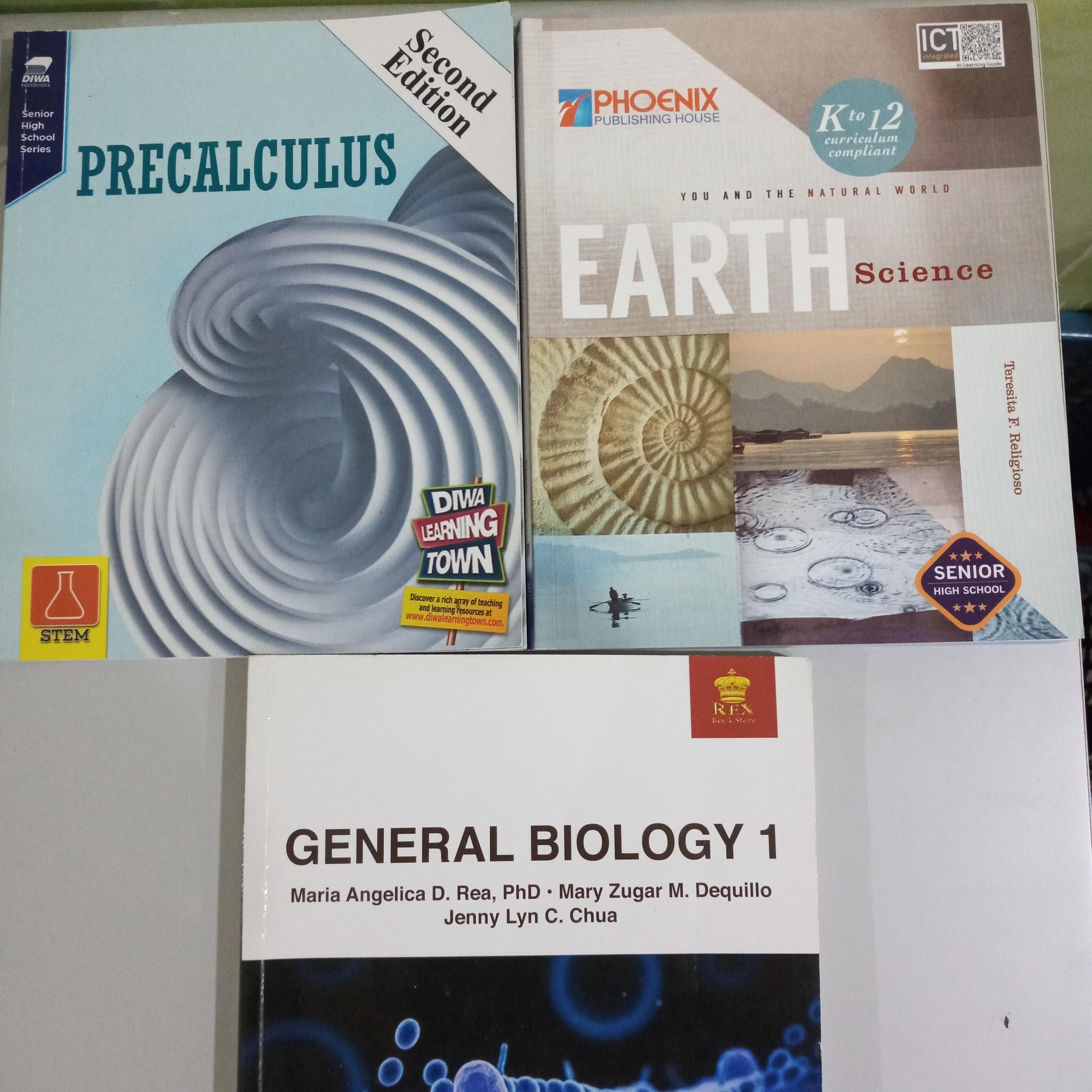 GRADE 11 STEM BOOKS (Category: Textbooks) located in Pateros City. Submitted by zkart (Listing ID 1112250826, Image 1). Description: gen bio - 250 pre cal - 380 - SOLD earth sci - 380 -SOLD.