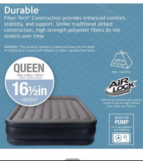 Intex air mattress queen size Buildin pump, Furniture & Home Living