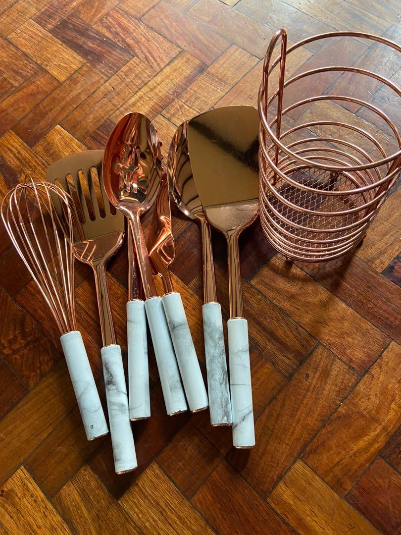 Rose gold and soft touch marble Kitchen utensil set, Furniture & Home