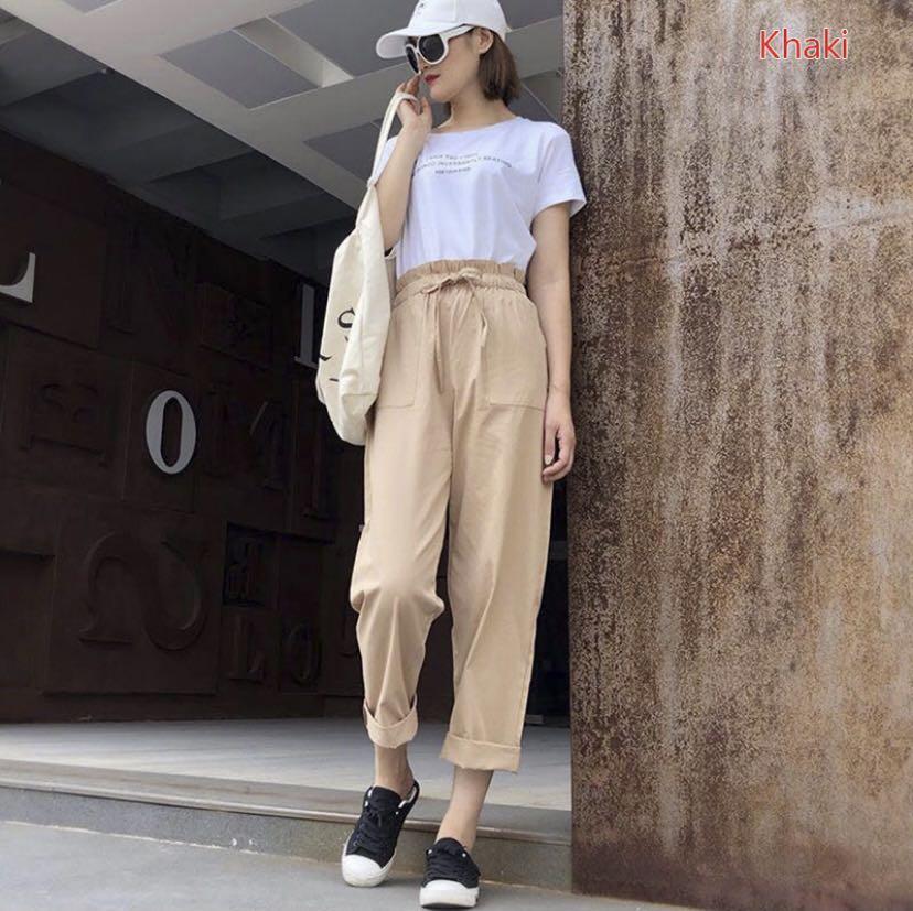 Buttons Apricot Black Flare Pants for Women Trousers Korean