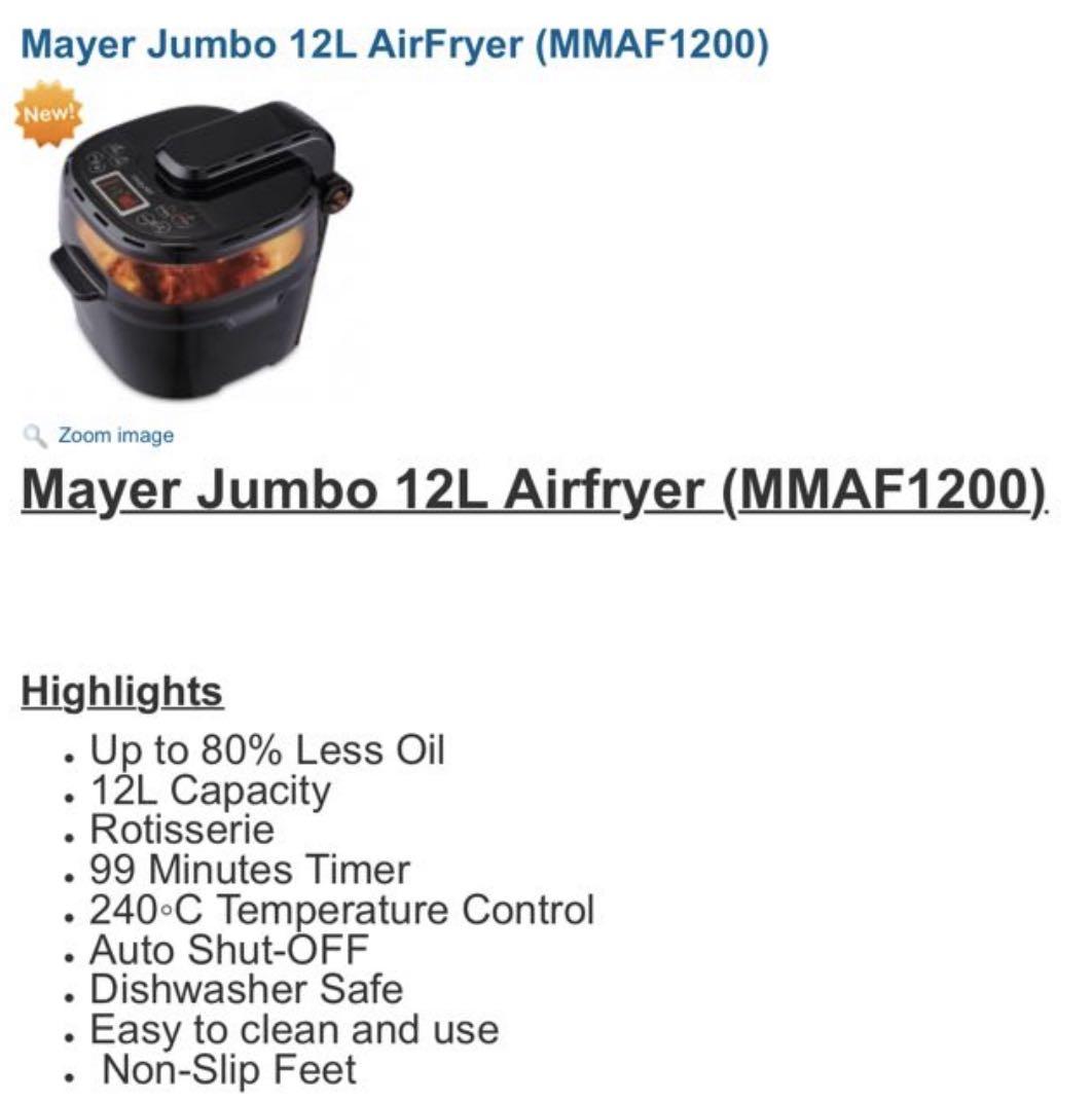 Mayer Jumbo Air Fryer (12L), TV & Home Appliances, Kitchen Appliances