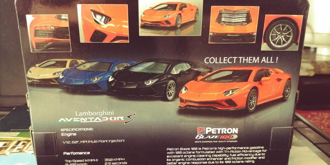 Petron Lamborghini Aventador S (Category: Vehicle & Diecast Models) located in Manila. Submitted by mt.everest (Listing ID 1112122149, Image 3). Description: For sale only. Not interested in trade. Petron Blaze Lamborghini Aventador collectible 1:32 scale Color: Orange Unused and unopened. Box size: 6.76 in. X 3.5 in. Issue: with small tear at the flap opening. Meet-up or shipping. Buyer pays for SF. This listing will be deleted once the item is 