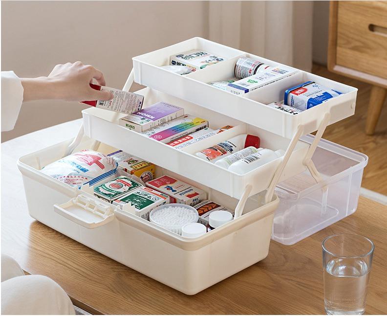Herrnalise Plastic Medical Storage Containers Medicine Box Organizer Home Emergencies First Aid Kit Pill Case 3-Tier with Compartments and Handle