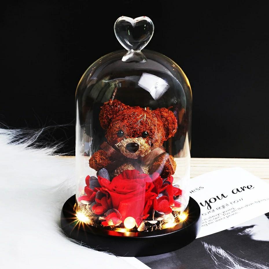 Teddy Bear Flower Eternal Rose Beauty And The Beast Dried Flowers In Glass Dome LED Wedding Home Decor Birthday