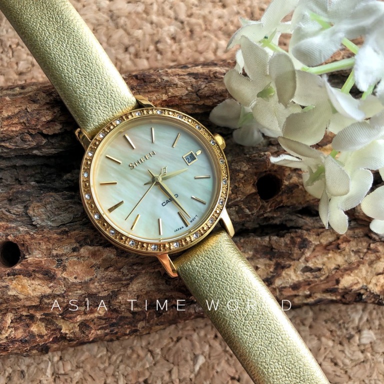 Casio Sheen SHE 4060GL 9AUDF SHE 4060GL 9A SHE 4060GL 9 SHE 4060GL Mother Of Pearl Swarovski Leather Analog Ladies Watch