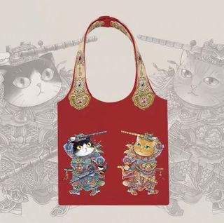ing 網紅 國風 國潮 中式 元素 原創 繪師 插畫師 搞怪 門神貓 小貓 貓咪 如意 酒紅色/棗紅色 斜紋棉麻 單肩包 帆布包 手提袋 手袋 大容量 日常 行街 購物 上學 休閒 環保袋 購物袋64200167614083110