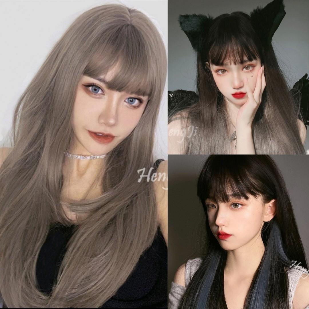 Instocks Korean Lisa Ash Grey Blue Black Blue Gray Highlights Airy Bangs Straight Wig Long Hair Beauty Personal Care Hair On Carousell