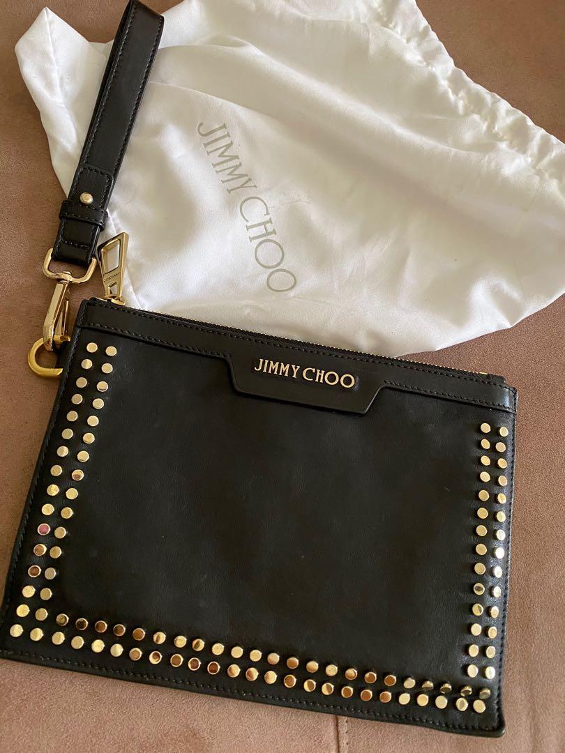 Jimmy Choo black leather gold studded clutch bag