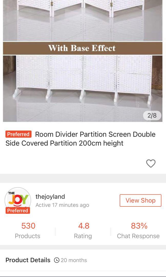 Room Divider Partition Screen Double Sided 200cm Height, Furniture