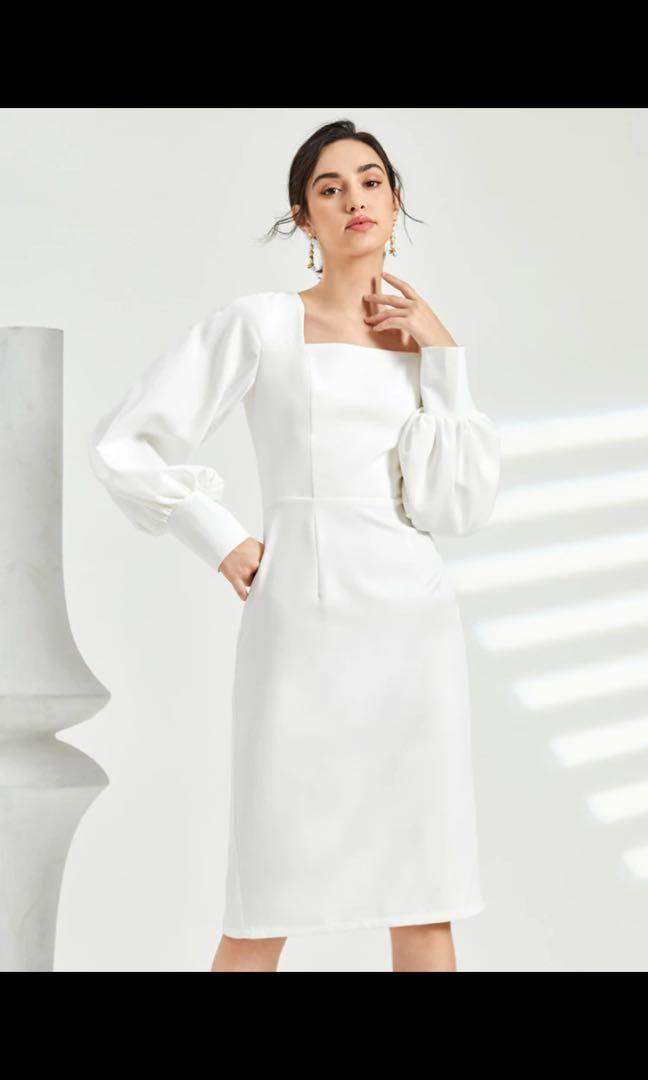 Shein White Puff Sleeve Slit Back Fitted Dress S, Women's Fashion, Dresses  u0026 Sets, Dresses on Carousell