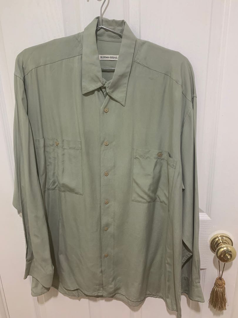 100% Silk Burma Bibas Sage Green Long Sleeve Polo Shirt, Men's Fashion ...