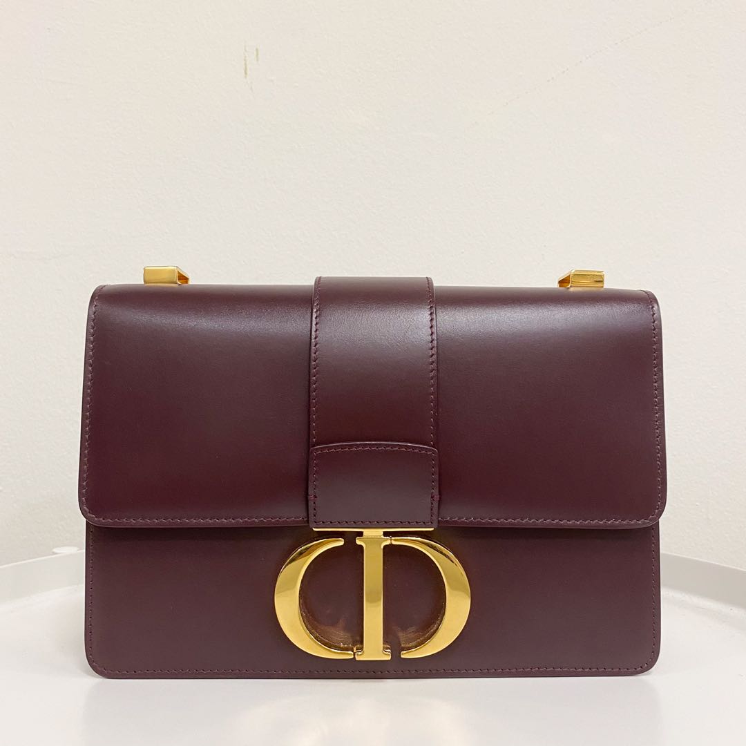 Authentic Dior Montaigne 30 Bag Burgundy in Calfskin and Gold Hardware