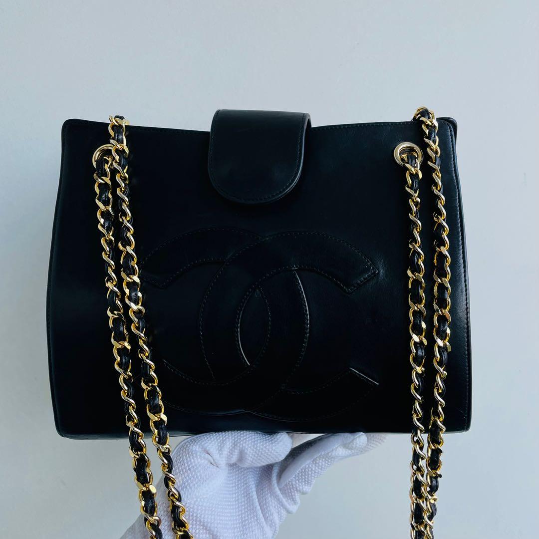 Chanel Vintage Black Gold Hardware Lambskin Coco Shoulder Tote Bag