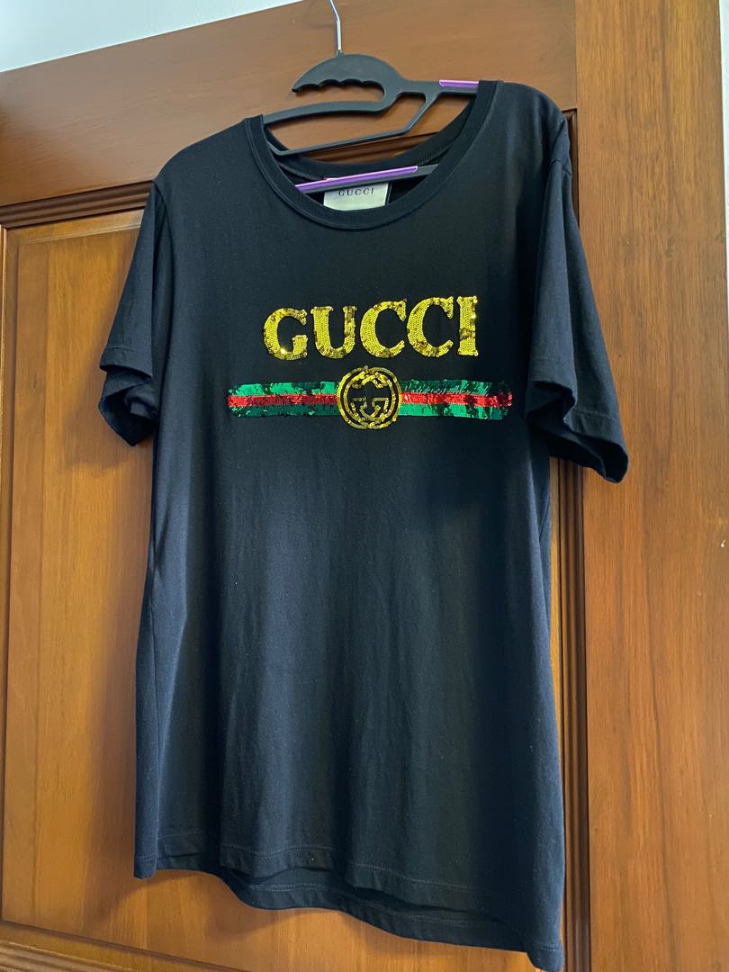 Gucci Tiger sequins logo black x gold T-shirt, Luxury, Apparel on Carousell
