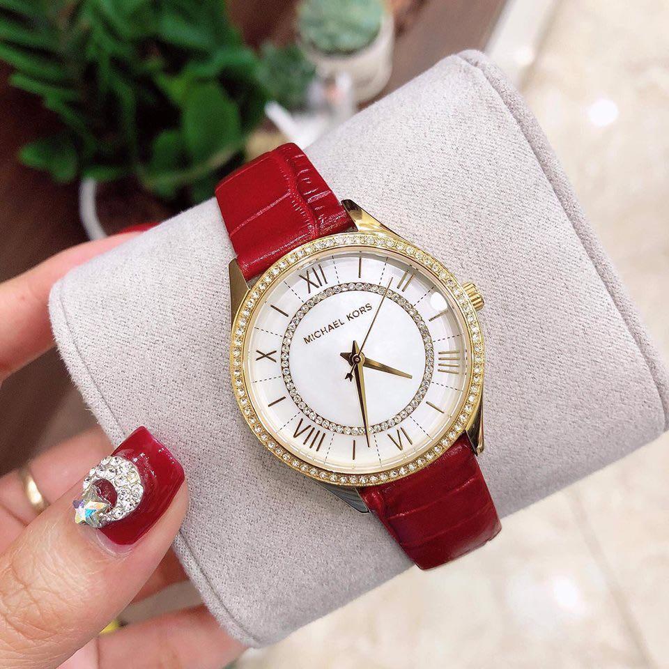 Michael kors watch red leather strap hotsell