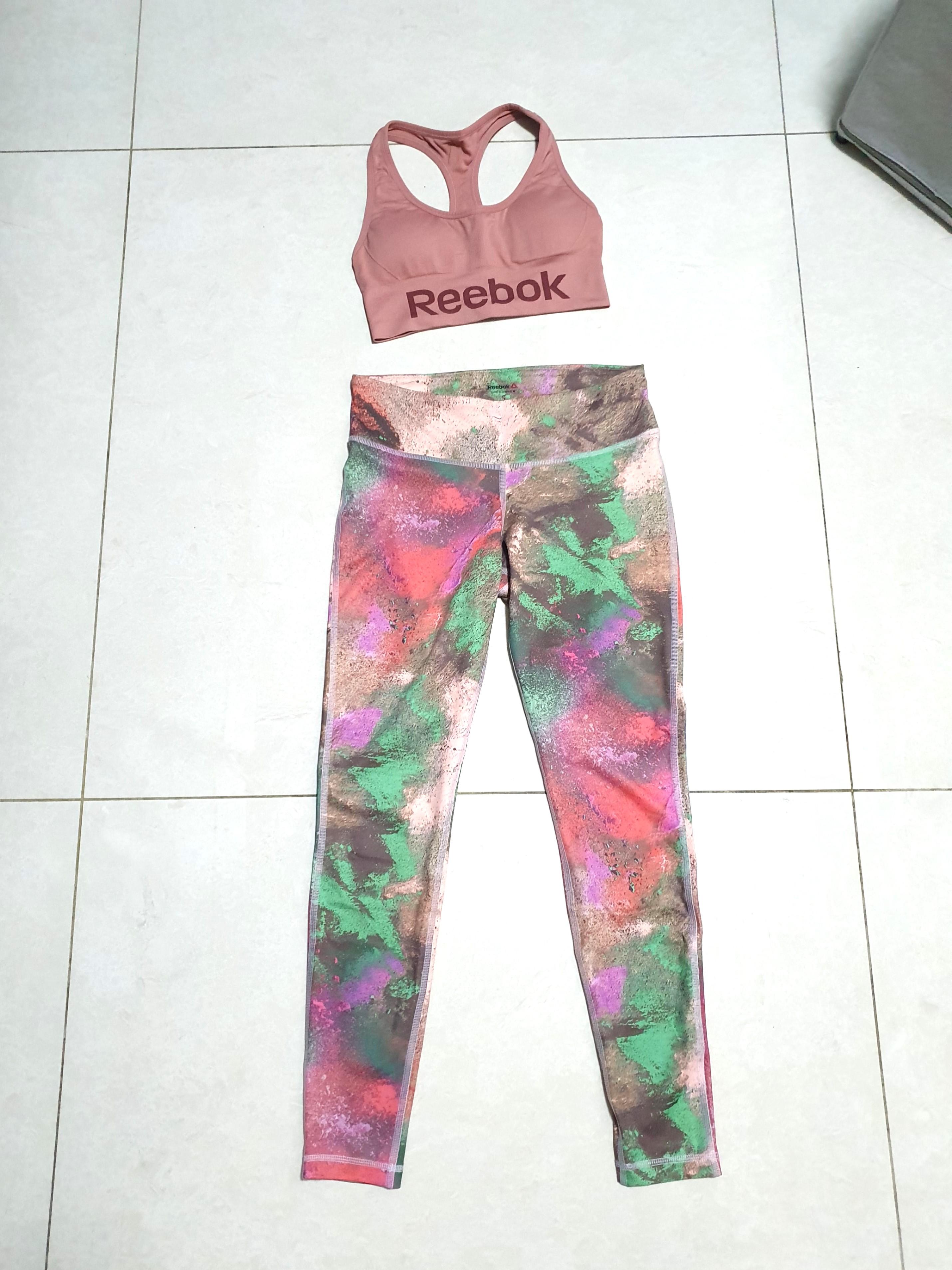 2 in 1 Reebok Activewear Sports Bra Leggings Set in Blush Pink Graffiti S