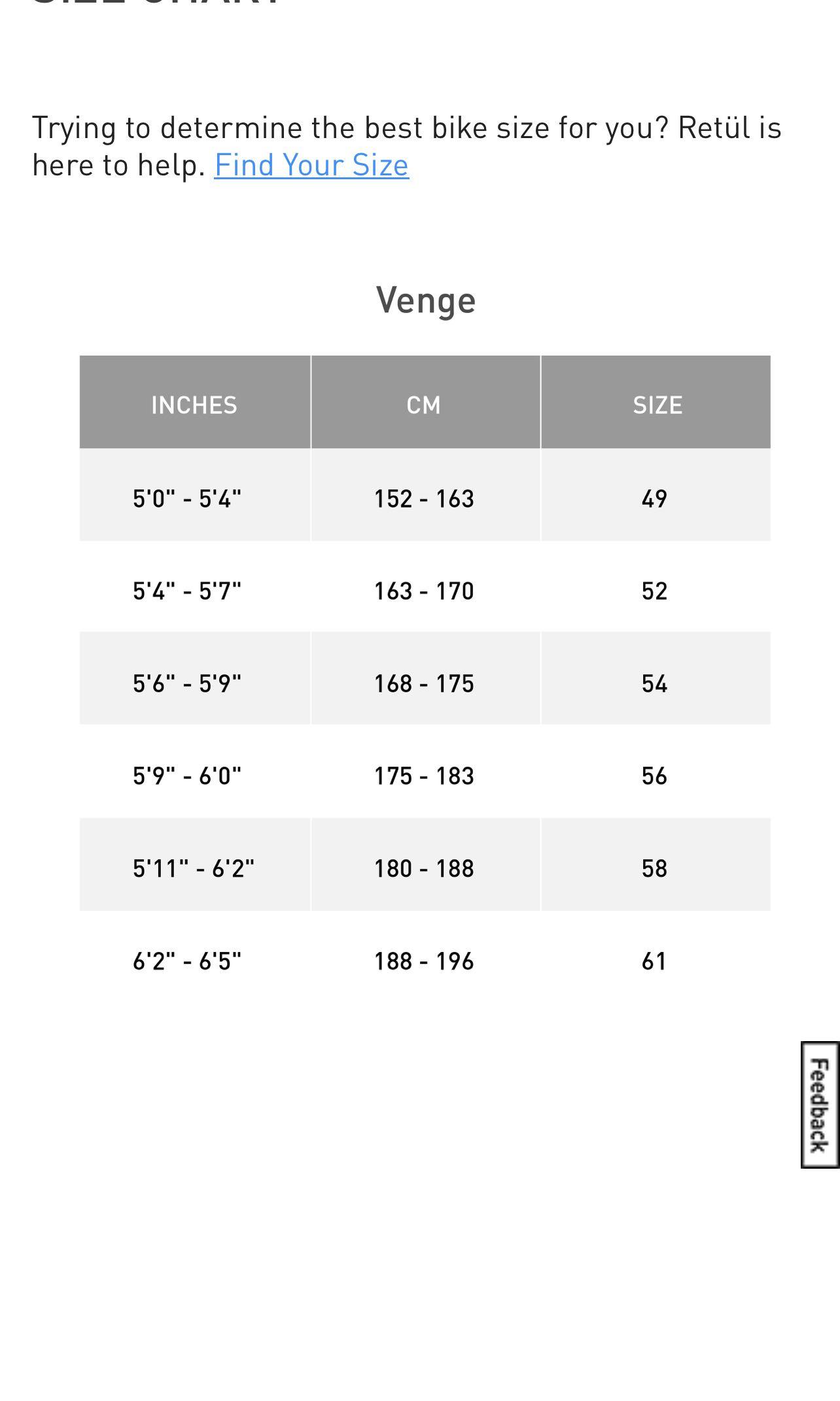 Venge vias size chart clearance