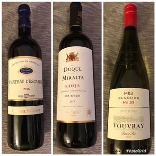 全新紅酒三(3)支 Red Wine 3 Bottles Grand vin de Bordeaux Chateau L'Escadre - Blaye Cotes de Bordeaux - Grande Reserve - red - 2016 - 750 ml , El Duque de Miralta Rioja Crianza 2017 , M&S Classics Vouvray Demi Sec 2020