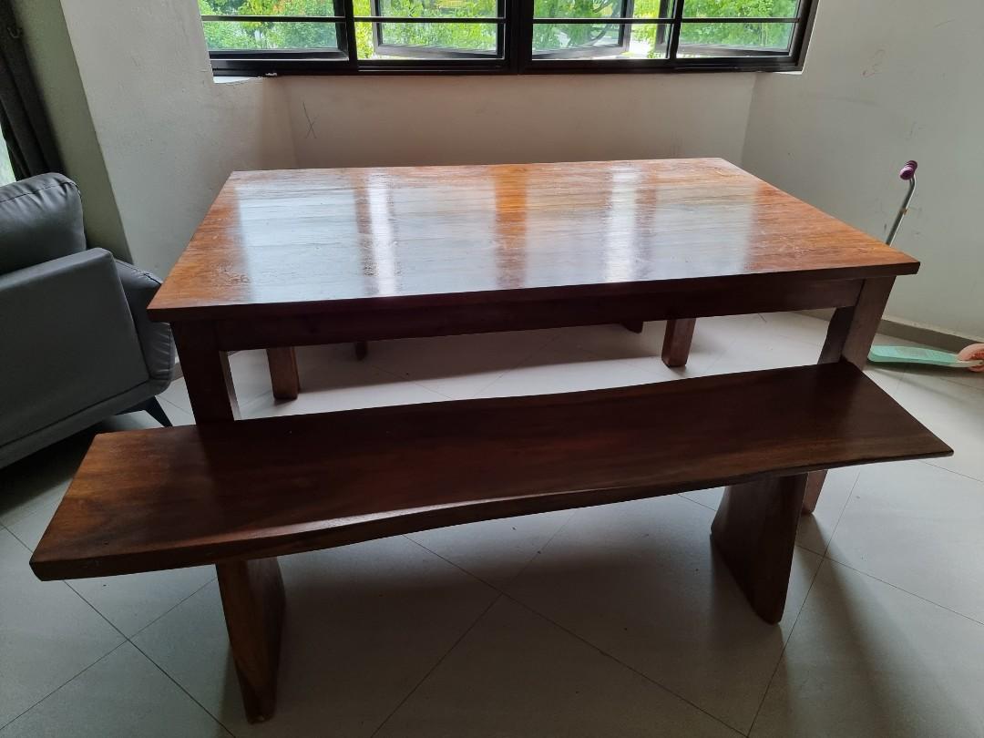 8 pax solid teak dining table w benches, Furniture & Home Living