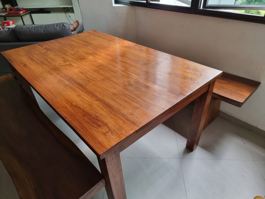 8 pax solid teak dining table w benches, Furniture & Home Living