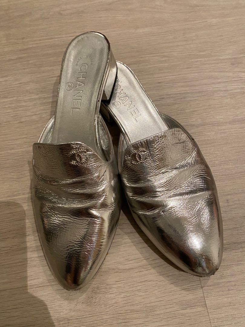 Chanel heels metallic silver leather clogs mules size 40 - 10 new