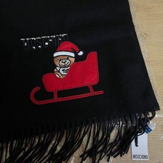 MOSCHINO刺繡聖誕熊羊毛流蘇長圍巾(黑色)