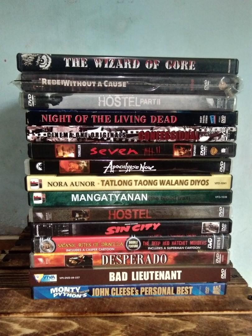 Original DVD for 200 Pesos Each (Category: CDs & DVDs) located in Imus. Submitted by andrianbooks (Listing ID 1134693421, Image 1). Description: Used preloved DVD. All in very good playable condition. No skips. 200 pesos each wizard of gore rebel without a cause hostel 2 (SOLD) night of the living dead confessional - jerrold tarog seven apocalypse now tatlong taong walang diyos (SOLD) mangatyanan hostel sin city satanic rights of dracula desperad