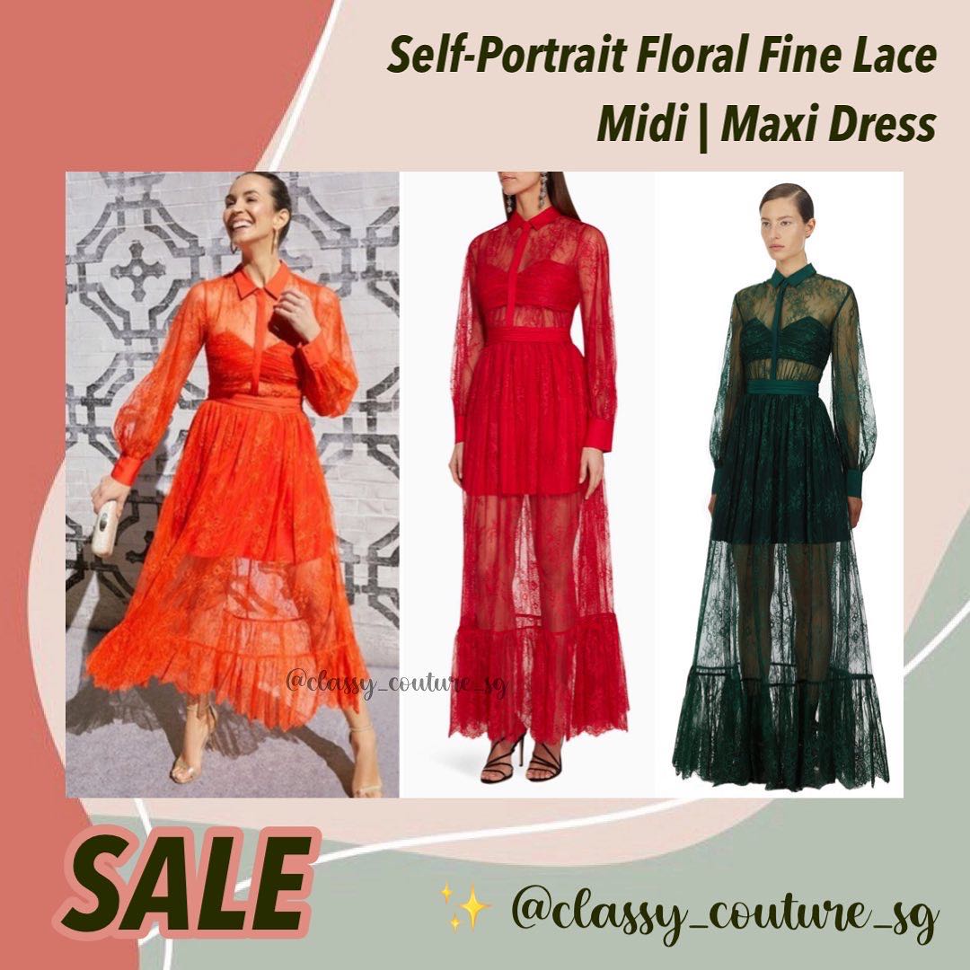 SALE Authentic Self Portrait Floral Fine Lace Midi Dress in Red Orange Maxi Dress in Green