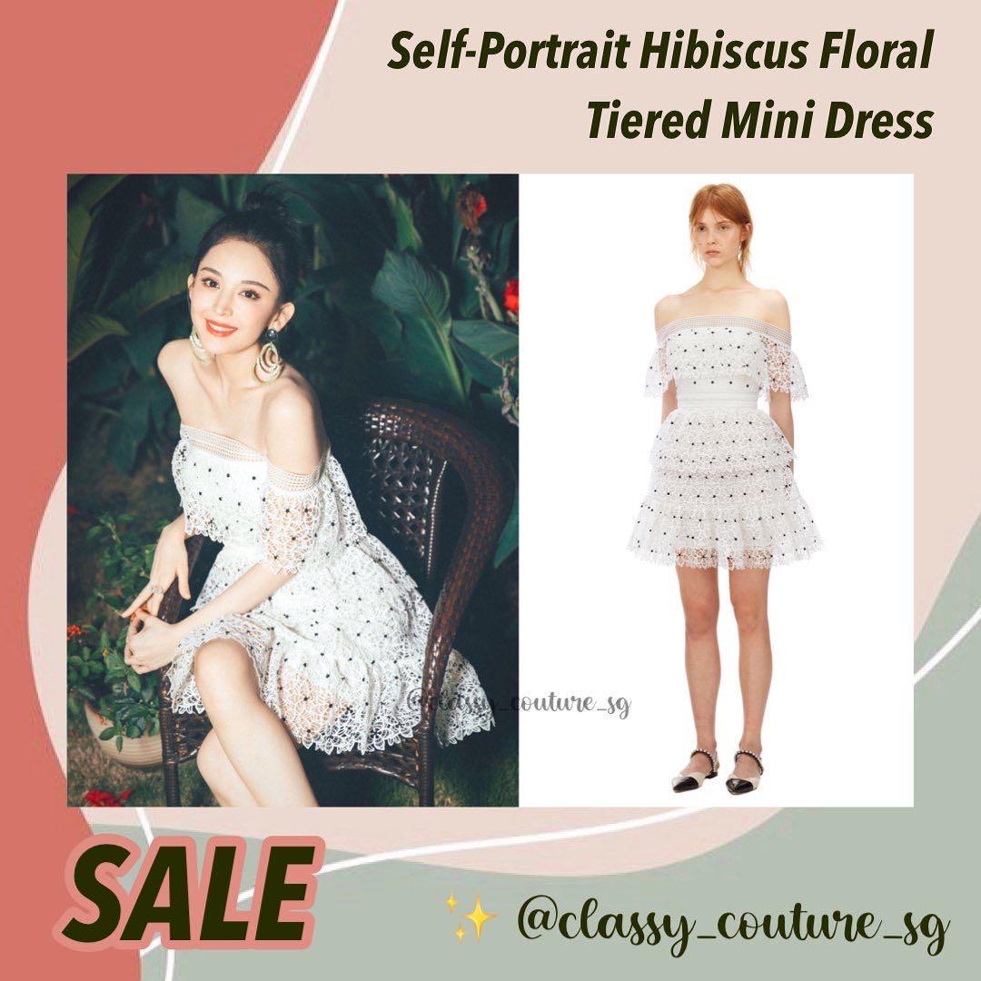 SALE Authentic Self Portrait Hibiscus Floral Tiered Mini Dress in White
