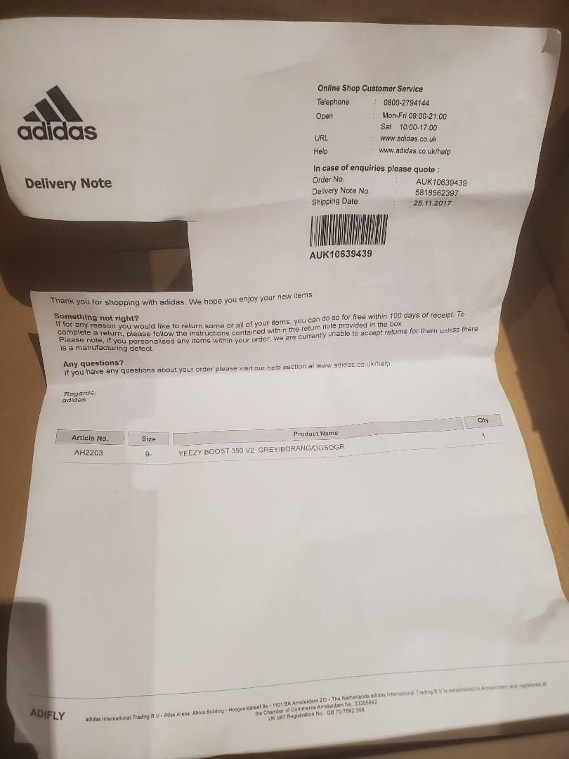 Adidas yeezy hot sale delivery note