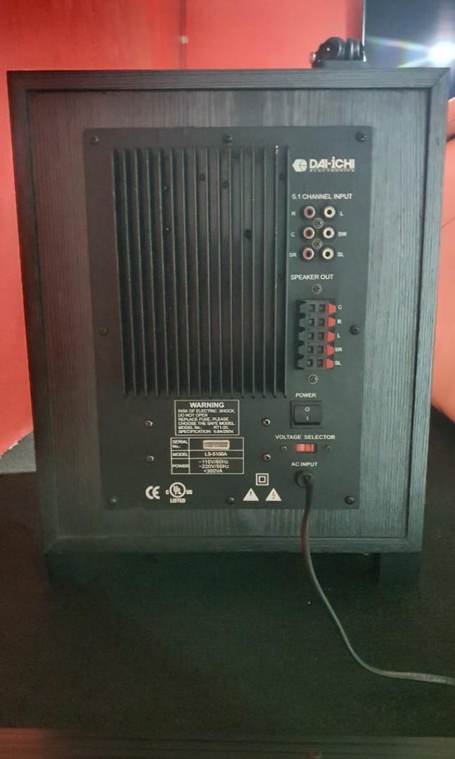Active Sub-woofer (Category: Soundbars, Speakers & Amplifiers) located in Makati City. Submitted by jms051280 (Listing ID 1136491553, Image 2). Description: Dai-Ichi Active Sub-woofer Specs: Frequency Response: 20-180Hz Power Output: 400Watts Maximum Driver: 8" woofer With 100Watts 5 Channel Audio Output With Digital Display Front Panel Dimension: W 15" x D 20" x H 18" inches.