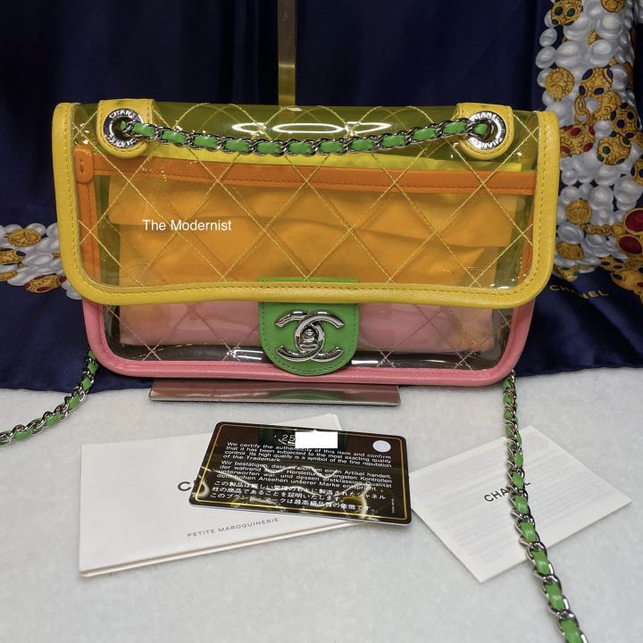 Authentic Chanel Yellow Green Pink Multicolour Transparent PVC