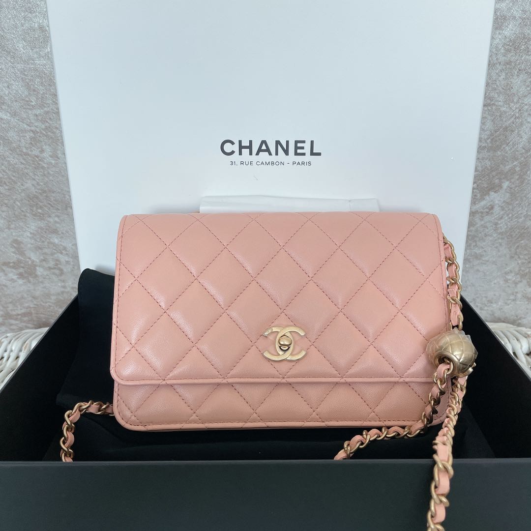 Chanel Quilted Pearl Crush Wallet on Chain WOC Light Pink Lambskin Age   Coco Approved Studio