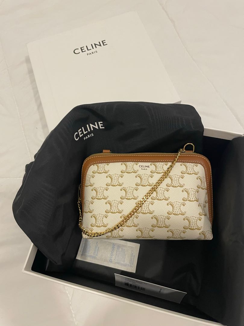Celine Clutch on Chain in White Triomphe Canvas, Luxury, Bags