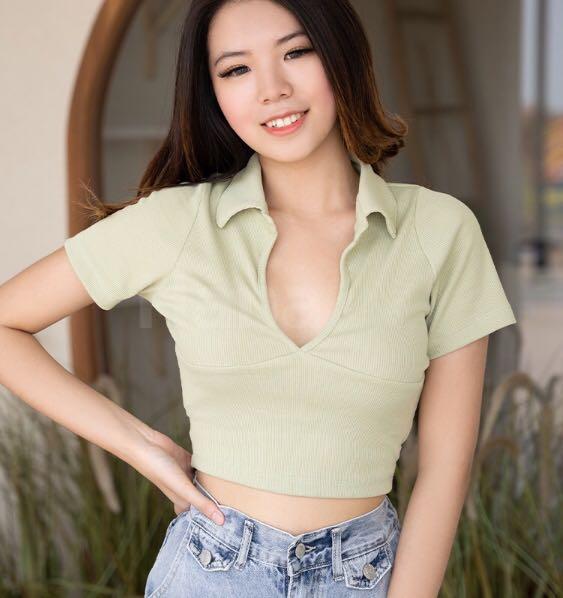 collar crop top - ARMY GREEN, Fesyen 