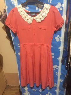FREE SHIPPING BNWT cache cache Coral Pink Dress w/ Floral Lace Crochet Collar (Cute/Kawaii/Vintage/Y2K)