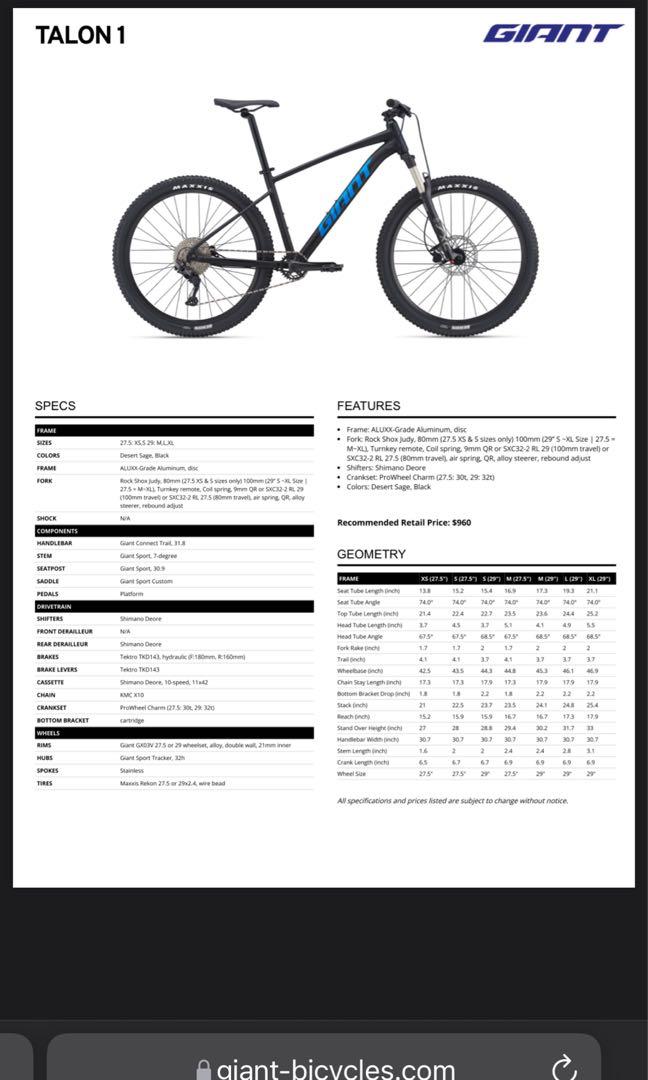 giant talon 4 size guide
