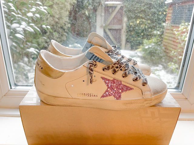 Superstar sneakers with pink glittery star and yellow heel tab hotsell