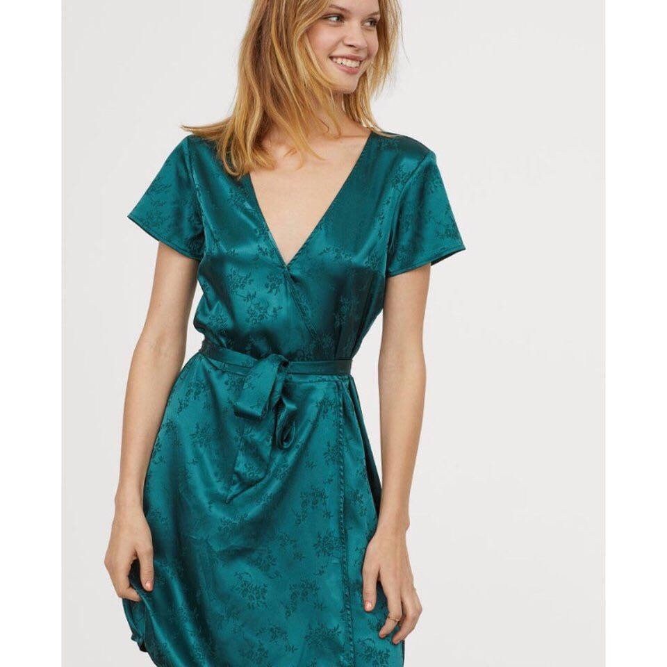 H M Divided emerald green wrap dress with belt tie