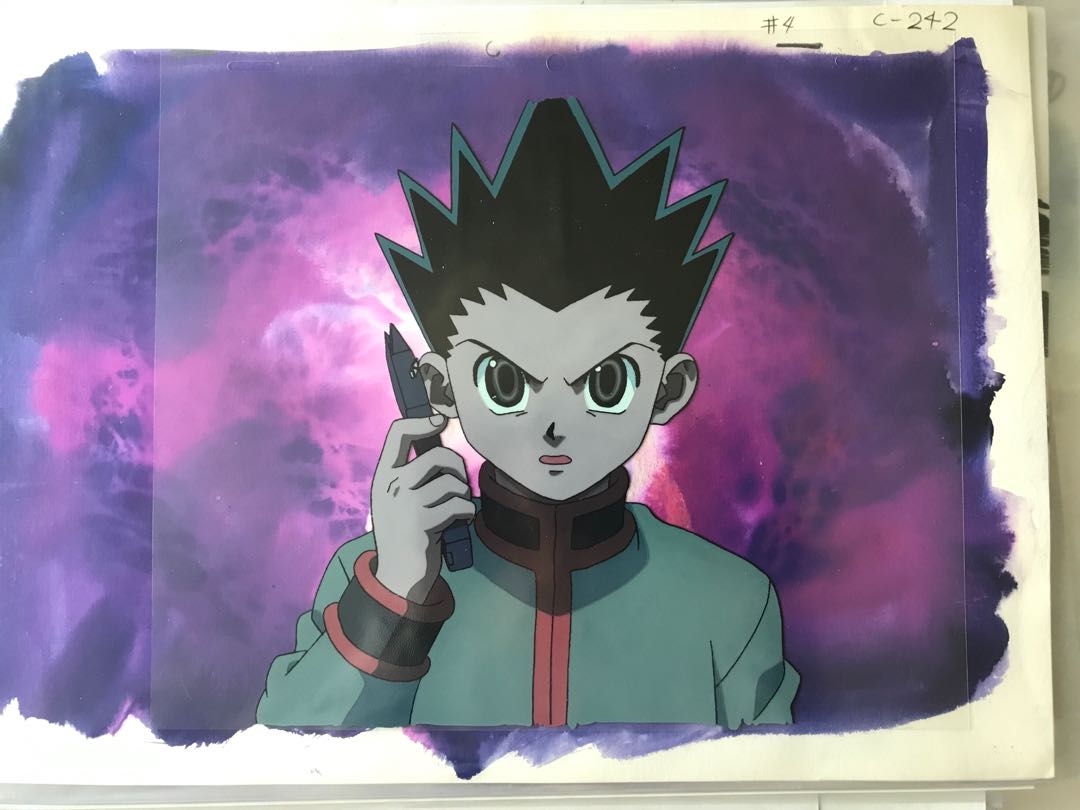 Hunter x Hunter by Pierrot Co., Ltd. Kuroro with Facial Cut from Fighting  Episode 62 Animation Cel with Douga and Printed Background  庫洛洛在戰鬥中割傷臉頰（第62集）賽璐璐，附線稿及印刷背景