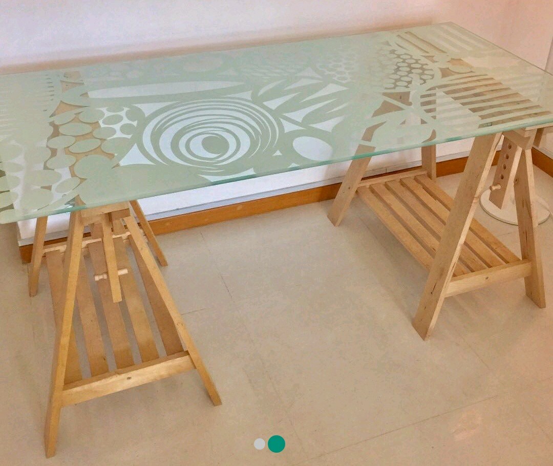 Ikea glass table top with adjustable wooden legs, Furniture & Home