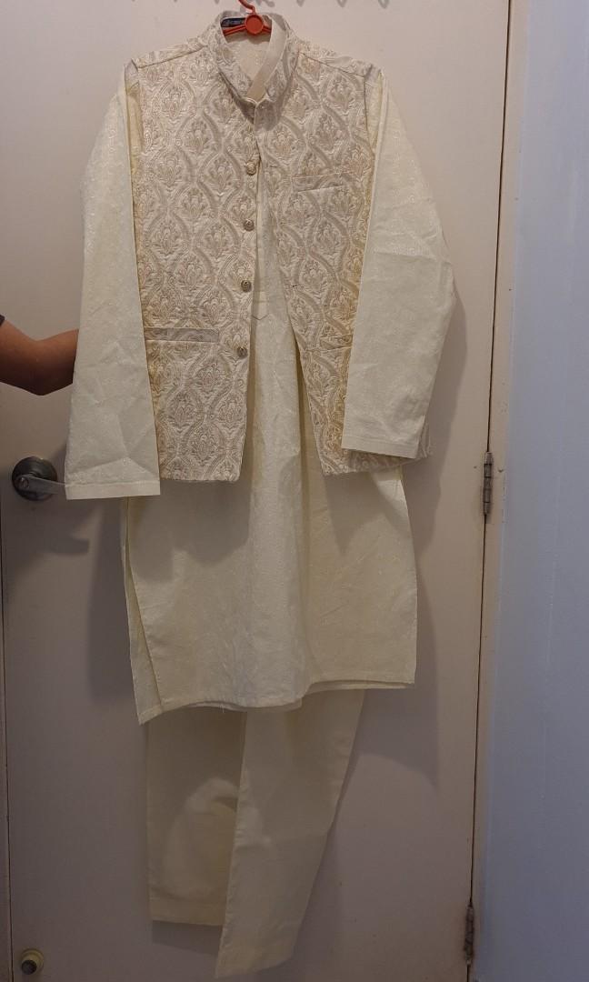 kurta shalwar with waistcoat off white Desi Wear Men s Fashion